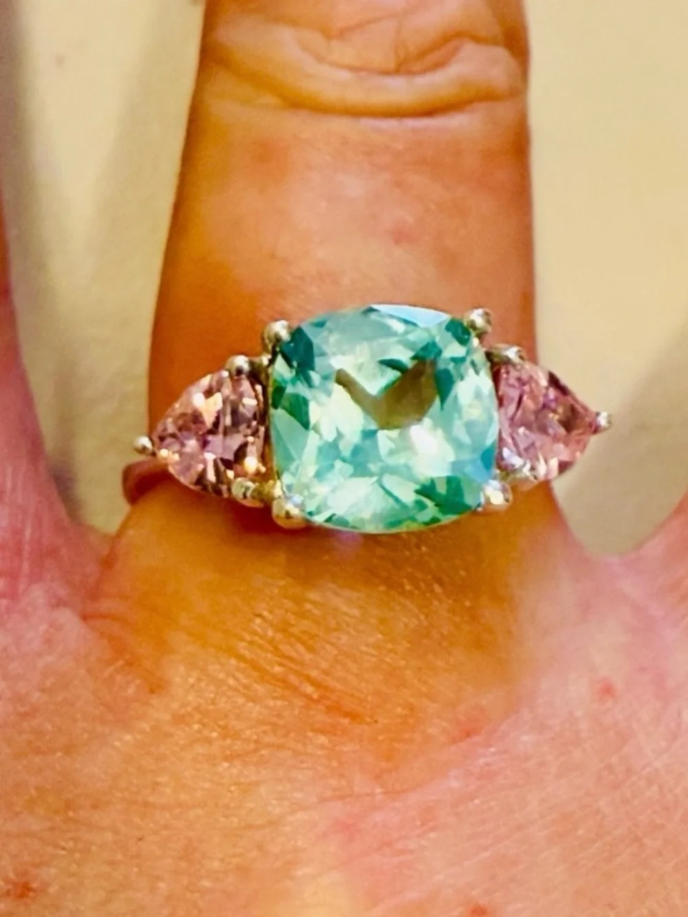 Vintage 80’s Avon Sterling Silver Uranium Green Spinel & Pink CZ Ring Sz8, 3.9g
